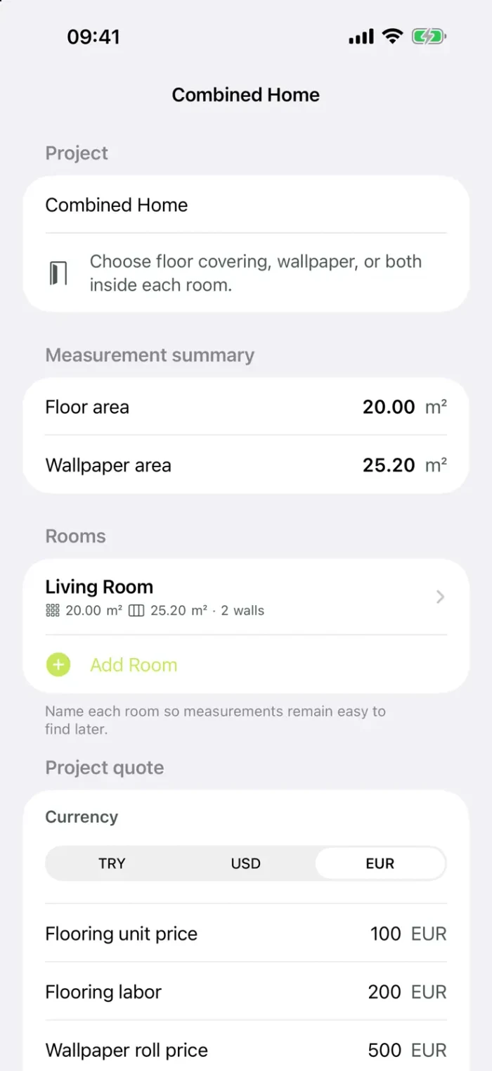 LayMetric project measurements and pricing summary